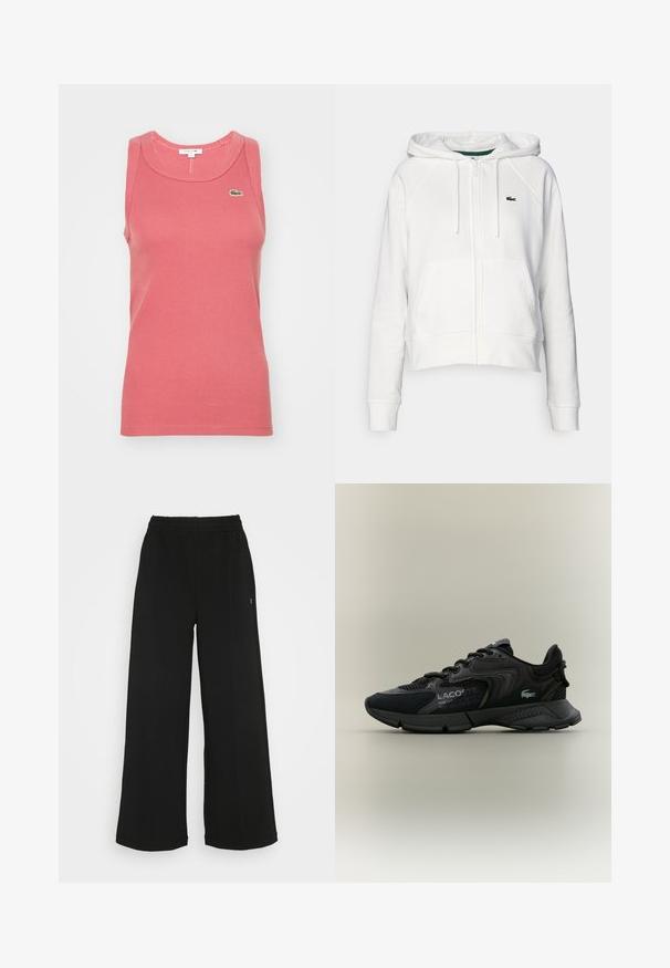 Sudadera corta blanca de tela suave con cremallera frontal, dos bolsillos y un pequeño logo verde en el área izquierda del pecho.; Camiseta sin mangas de punto rosa con un escote redondo. Presenta un pequeño logo verde de Lacoste en el pecho.; Pantalones anchos negros con una cintura elástica. Están hechos de un material suave y ligero. Presentan costuras verticales en la parte delantera.; Zapatilla deportiva negra con materiales de malla y sintéticos, detalles texturizados, diseño de cordones y un logo prominente en el lateral.