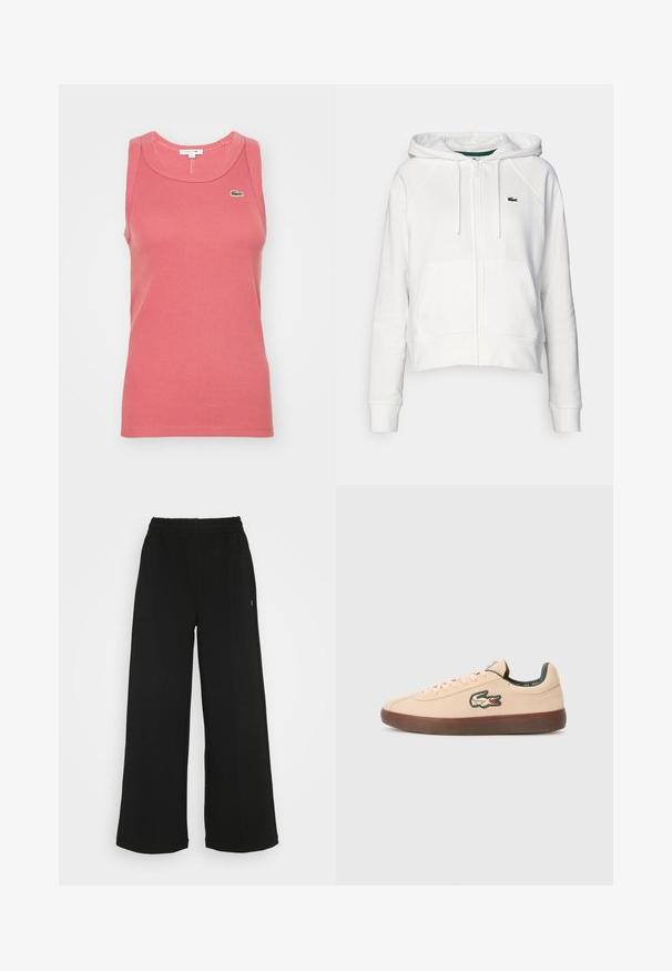 Witte geknipte hoodie van zachte stof met een rits aan de voorkant, twee zakken en een klein groen logo op de linker borst.; Roze geribde tanktop met een ronde halslijn en een mouwloos ontwerp. Bevat een klein groen Lacoste-logo op de borst.; Zwarte wijde broek met een elastische tailleband. Gemaakt van een zachte, lichte stof. Heeft verticale naden aan de voorkant.; Lacoste BASESHOT - Sneakers laag - beige