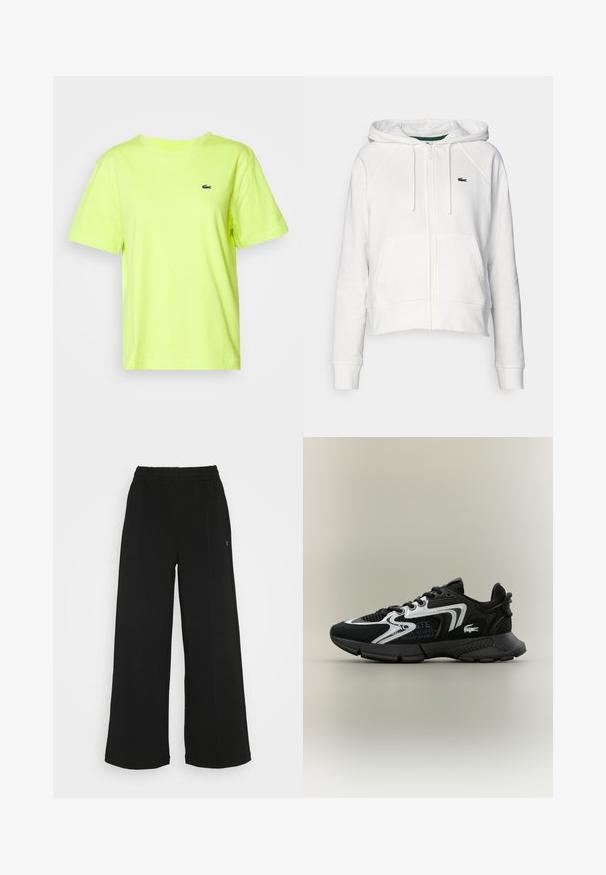 Bílá zkrácená mikina s kapucí vyrobená z jemné tkaniny, se zipem vpředu, dvěma kapsami a malým zeleným logem na levé části hrudi.; Lacoste Jednoduché tričko - firefly; Černé široké kalhoty s elastickým pasem. Vyrobené z měkkého, lehkého materiálu. Obsahují vertikální švy na přední straně.; Černé sportovní boty s mesh panely, stříbrnými akcenty a texturovanými černými překryvy. Obsahují šňůrky a zakřivenou, robustní podešev.