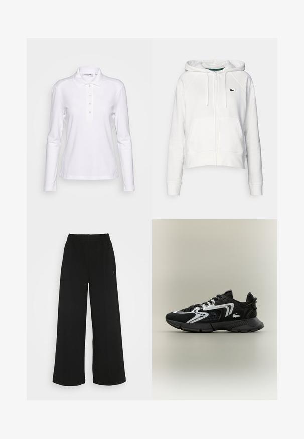 Biała krótka bluza z kapturem wykonana z miękkiego materiału, z przednim zamkiem, dwiema kieszeniami i małym zielonym logo na lewej stronie klatki piersiowej.; Biała, długosłodkowa koszulka polo z dzianiny bawełnianej, posiadająca zapięcie na guziki oraz małe haftowane logo na piersi. Gładka tekstura.; Czarne spodnie o szerokich nogawkach z elastycznym pasem. Wykonane z miękkiego, lekkiego materiału. Posiada pionowe szwy na przodzie.; Czarne buty sportowe z siateczkowymi panelami, srebrnymi akcentami i fakturowanymi czarnymi nakładkami. Posiadają sznurówki i zakrzywioną, mocną podeszwę.