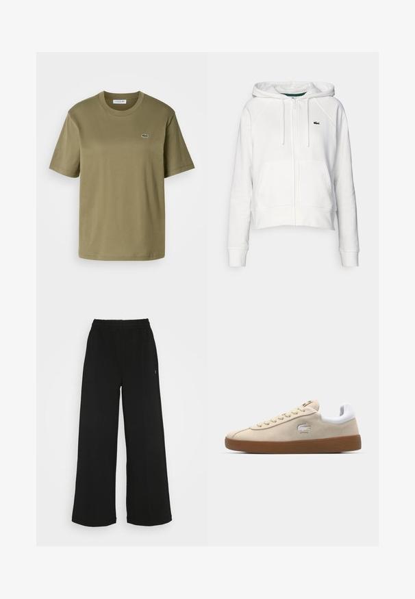 Felpa bianca cropped realizzata in morbido tessuto, con zip frontale, due tasche e un piccolo logo verde sull'area sinistra del petto.; T-shirt in cotone verde oliva con maniche corte, scollatura a girocollo e un piccolo logo di coccodrillo ricamato sul lato sinistro del petto.; Pantaloni neri a gamba larga con vita elasticizzata. Realizzati in un materiale morbido e leggero. Presentano cuciture verticali sul davanti.; Sneaker beige in suede con tallone in pelle bianca e suola in gomma. Presentano lacci e un logo in stile coccodrillo sul lato. Design semplice.
