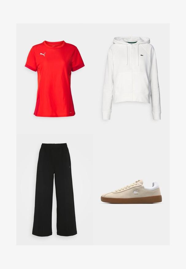 Biała krótka bluza z kapturem wykonana z miękkiego materiału, z przednim zamkiem, dwiema kieszeniami i małym zielonym logo na lewej stronie klatki piersiowej.; Czerwona koszulka sportowa z krótkim rękawem, okrągłym dekoltem i białym logo Pumy na górnej lewej stronie. Gładki materiał z kontrastującymi akcentami rękawów.; Czarne spodnie o szerokich nogawkach z elastycznym pasem. Wykonane z miękkiego, lekkiego materiału. Posiada pionowe szwy na przodzie.; Beżowe zamszowe sneakersy z białym skórzanym obcasem oraz gumową podeszwą. Zawiązywane, z logo krokodyla po boku. Prosty design.