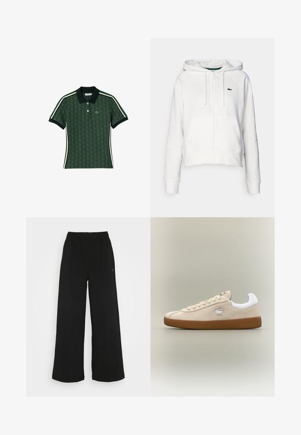 Biała krótka bluza z kapturem wykonana z miękkiego materiału, z przednim zamkiem, dwiema kieszeniami i małym zielonym logo na lewej stronie klatki piersiowej.; Zielona koszulka polo z geometrycznym wzorem, z kontrastującym ciemnym kołnierzykiem i białymi paskami po bokach. Guziki i logo na klatce piersiowej.; Czarne spodnie o szerokich nogawkach z elastycznym pasem. Wykonane z miękkiego, lekkiego materiału. Posiada pionowe szwy na przodzie.; Beżowe zamszowe sneakersy z białymi akcentami i gumową podeszwą. Posiadają podniesione logo z boku oraz kontrastujące beżowe sznurowadła. Klasyczny design.