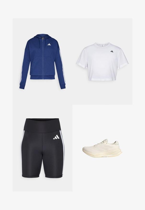 Jūras spēku pelēkais kapucis, kas izgatavots no mīkstas auduma, ar priekšējo kabatu, baltām svītrām gar piedurknēm un logo uz krūtīm.; Balts īsa krekls, kas izgatavots no mīksta auduma, ar īsām piedurknēm un apaļu kakla izgriezumu. Melna logo kreisajā krūtī.; Melnas sporta šortas ar augstu jostasvietu, baltām sānu svītrām un mazu baltu logo. Gluda auduma ar piegulīgu dizainu.; Gaišbeidzis sporta apavi ar sieta augšējo daļu, plakaniem šņorēm un mīkstu zoli. Iekļauj trīs svītru dizainu sānu pusē.