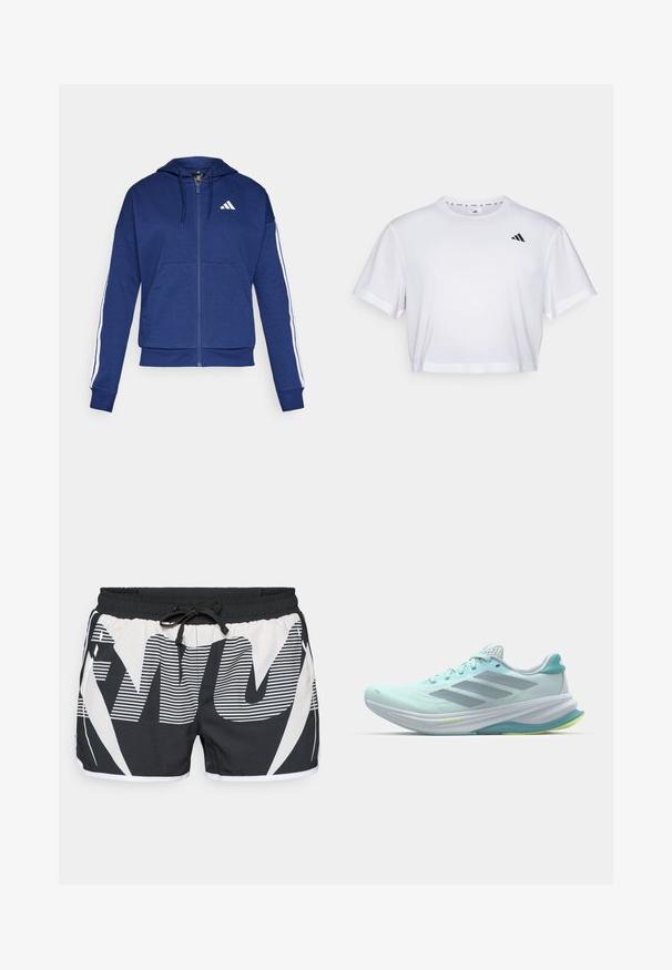 Ναυτικό hoodie με φερμουάρ φτιαγμένο από μαλακό ύφασμα, διαθέτει μπροστινή τσέπη, λευκές ρίγες κατά μήκος των μανικιών και λογότυπο στο στήθος.; Λευκό επιστημονικό t-shirt που έχει κοπεί ψηλά, φτιαγμένο από μαλακό ύφασμα, με κοντά μανίκια και στρογγυλή λαιμόκοψη. Μαύρο λογότυπο στο αριστερό στήθος.; Μαύρα και άσπρα μαγιό βερμούδα με κορδόνι στη μέση. Διαθέτουν οριζόντιες ρίγες και έντονα γραφικά σχέδια. Ελαφρύ και λείο στην υφή.; Ανοιχτό μπλε αθλητικά παπούτσια με επάνω μέρος από διχτυωτό ύφασμα, γκρι διακριτικά σχέδια και λευκή τσιμεντένια σόλα με πράσινη εσωτερική επένδυση.