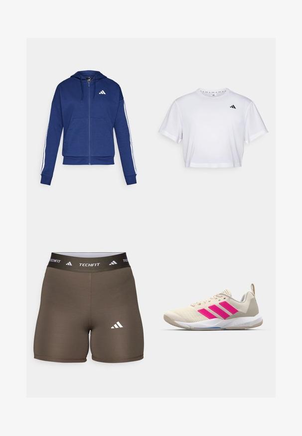 Hanorac navy cu fermoar, confectionat dintr-un material moale, având o buzunar frontal, dungi albe pe mâneci și un logo pe piept.; Tricou alb scurt dintr-un material moale, cu mâneci scurte și decolteu rotund. Logo negru pe partea stângă a pieptului.; adidas Performance Leggings - shadow olive; Pantof de sport bej cu logo în trei dungi roz, superior din plasă texturată, guler căptușit și talpă din cauciuc alb, având marca "LIGHTSTRIKE".