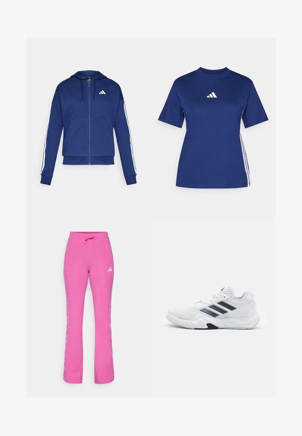 Námornícka zipová mikina vyrobená z mäkkej látky, s prednou vreckom, bielymi pruhmi pozdĺž rukávov a logom na hrudi.; Námornícky modré tričko s krátkym rukávom vyrobené z bavlny s vysokým výstrihom, obsahujúce biele logo a kontrastné biele bočné pruhy.; Ružové bavlnené tepláky s pásom na šnurovanie, rozšírenými nohavicami a bielymi bočnými akcentmi so subtílnym vzorom a logom na bedrách.; Biele športové topánky s ventilovaným vrchom, tromi čiernymi pruhmi po stranách, textúrovanými akcentmi a pevným gumovým podošvom s kontrastnou čiernou časťou.