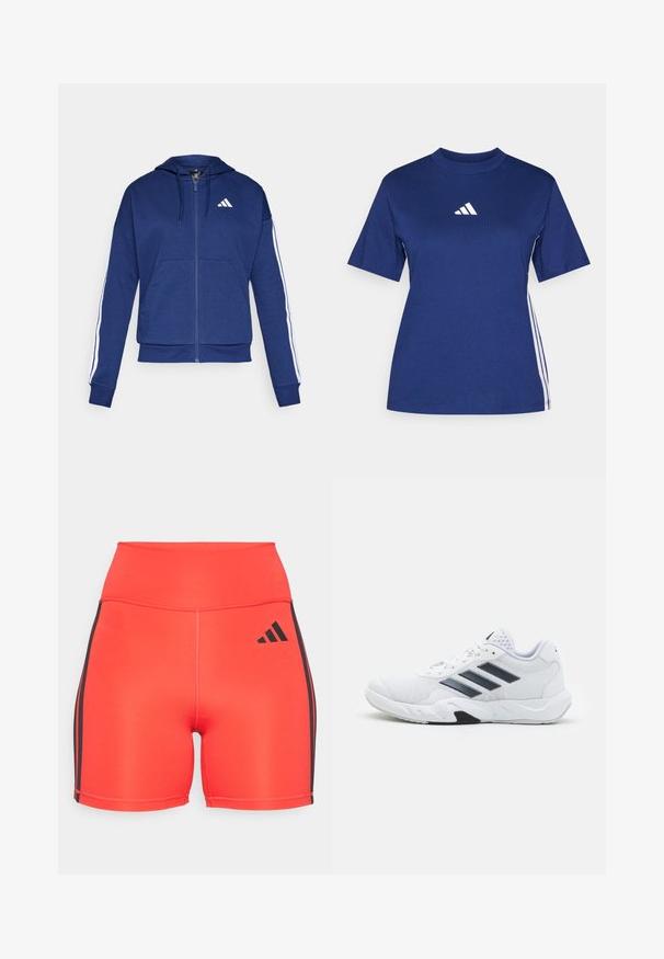 Marine blauwe rits hoodie gemaakt van zachte stof, met een voorzak, witte strepen langs de mouwen en een logo op de borst.; Marineblauwe t-shirt met korte mouwen van katoen, met een hoge halslijn, voorzien van een wit logo en contrasterende witte zijstrepen.; Heldere rode sportshorts met een hoge taille, voorzien van zwarte zijstrepen en een Adidas-logo. Gemaakt van rekbare stof voor comfort.; Witte sportieve schoen met een bovenwerk van mesh, drie zwarte strepen aan de zijkant, gestructureerde accenten en een stevige rubberen zool met een contrasterend zwart gedeelte.