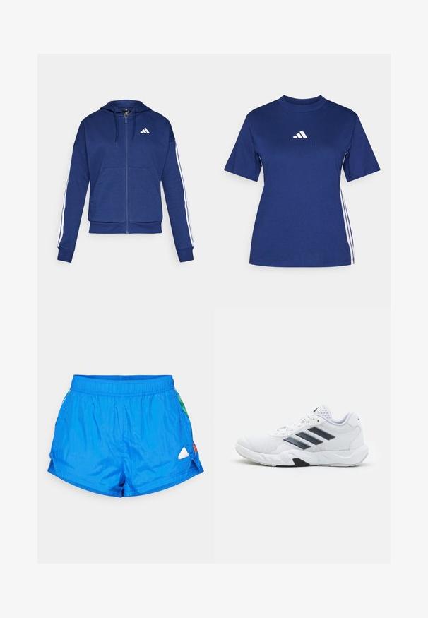Hanorac navy cu fermoar, confectionat dintr-un material moale, având o buzunar frontal, dungi albe pe mâneci și un logo pe piept.; Tricou cu mânecă scurtă, de culoare albastră închisă, fabricat din bumbac, cu un guler înalt, având un logo alb și dungi albe contrastante pe laterale.; adidas Sportswear TIRO CUT 3-STRIPES SUMMER - Pantaloni scurți sport - blue/white/green/red; Adidași albi cu partea superioară din plasă, trei dungi negre pe lateral, accente texturate și o talpă din cauciuc solidă cu o secțiune contrastantă neagră.