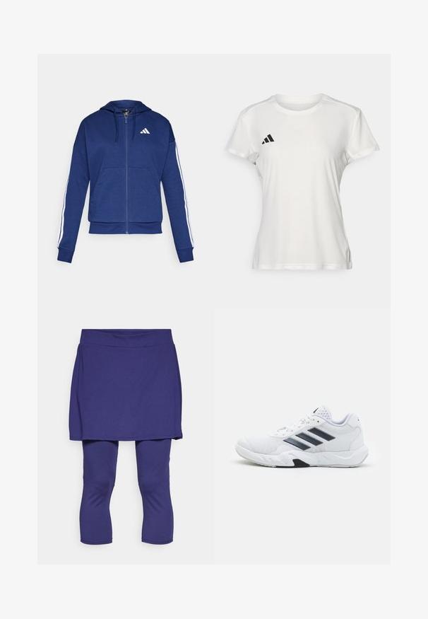 Sötétkék zip-záras kapucnis pulóver, kellemes tapintású anyagból, elülső zsebbel, fehér csíkkal a ujjak mentén és logóval a mellrészen.; Fehér sportpóló, nedvességel szemben ellenálló anyagból készült. Rövid ujjú, kerek nyakkivágású, fekete logóval és három csíkkal ellátott emblémával a bal mellkason.; Lila sportos szoknya beépített, szoros alsónadrággal. Lélegző anyagból készült, sima derékrésszel és térd hosszúságú leggingszel, rugalmas textúrával.; Fehér sportcipő, hálós felsőrésszel, az oldalon három fekete csíkkal, textúrázott részletekkel és egy tartós gumi talppal, amelynek ellentétes fekete szakasza van.