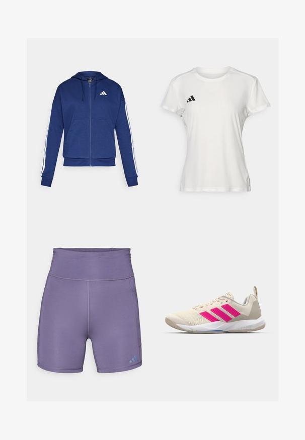 Mornarica zip-up kapuca, izdelana iz mehkega blaga, z obsežnim žepom na sprednji strani, belimi črtami ob rokavih in logotipom na prsih.; Bela športna majica iz tkanine, ki odvaja vlago. Kratke rokave, okroglo izrezan vrat, vsebuje črn logotip in emblem s tremi črtami na levem prsnem delu.; Vijolične atletske kratke hlače z visokim pasom, gladko teksturo in kontrastnim modrim logotipom na spodnjem levem delu. Imajo ravne šive.; Bežni atletski čevlji z rožnatim logotipom s tremi črtami, teksturiran zgornji del iz mrežaste tkanine, oblazinjen ovratnik in bel gumijast podplat, ki nosi blagovno znamko "LIGHTSTRIKE".