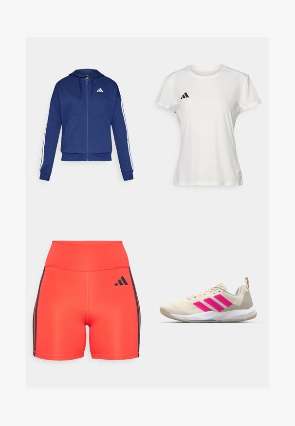 Marineblå zip-hoodie lavet af blødt stof, med en frontlomme, hvide striber langs ærmerne og et logo på brystet.; Hvid atletisk T-shirt lavet af stof, der fugttransporterer. Korte ærmer, rund hals, med sort logo og tre-stribet emblem på venstre bryst.; Lysrøde atletikshorts med høj talje, der har sorte sidelameller og et Adidas-logo. Fremstillet af strækbart stof for komfort.; Beige sportsko med pink tre-stribede logo, tekstureret mesh overdel, polstret krave og hvid gummisål, med "LIGHTSTRIKE" branding.