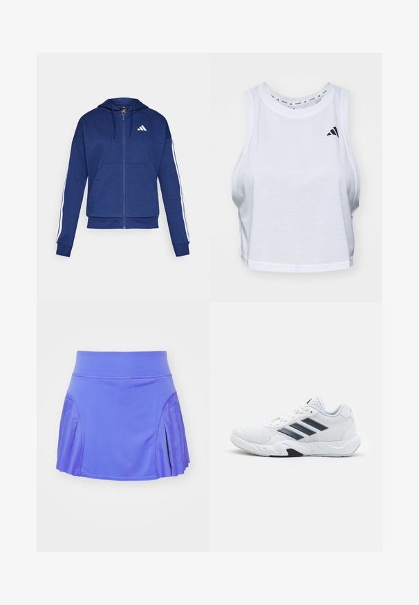 Marinblå ziphoodie i mjukt tyg, med en framficka, vita ränder längs ärmarna och en logotyp på bröstet.; Vit kortärmad tanktopp i lättviktsmaterial med rund halsringning. Har en svart logotyp på vänster sida och en slät textur.; adidas Performance TENNIS PRO HEAT.RDY MATCH - Sportkjol - blue/purple burst; Vit sportskor med mesh-överdel, tre svarta ränder på sidan, texturerade detaljer och en stadig gummisula med en kontrasterande svart del.