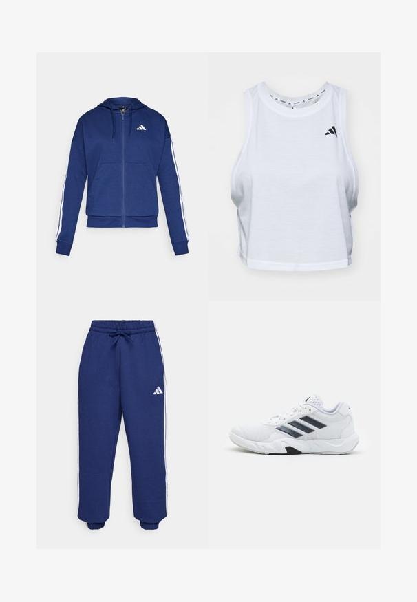 Mornarska zip-up dukserica od mekanog materijala, s prednjim dzepom, bijelim prugama duž rukava i logotipom na prsima.; Bjela skraćena majica bez rukava izrađena od laganog materijala s okruglim izrezom. Sadrži crni logo s lijeve strane i glatku teksturu.; Mornarske sportske hlače izrađene od mekog materijala, s bijelim bočnim trakama, elastičnim pojasom s podesivom vezicom i elastičnim manžetama.; Bijela atletska cipela s mrežastim gornjim dijelom, tri crne pruge sa strane, strukturirani detalji i čvrst gumeni potplat s kontrastnim crnim dijelom.