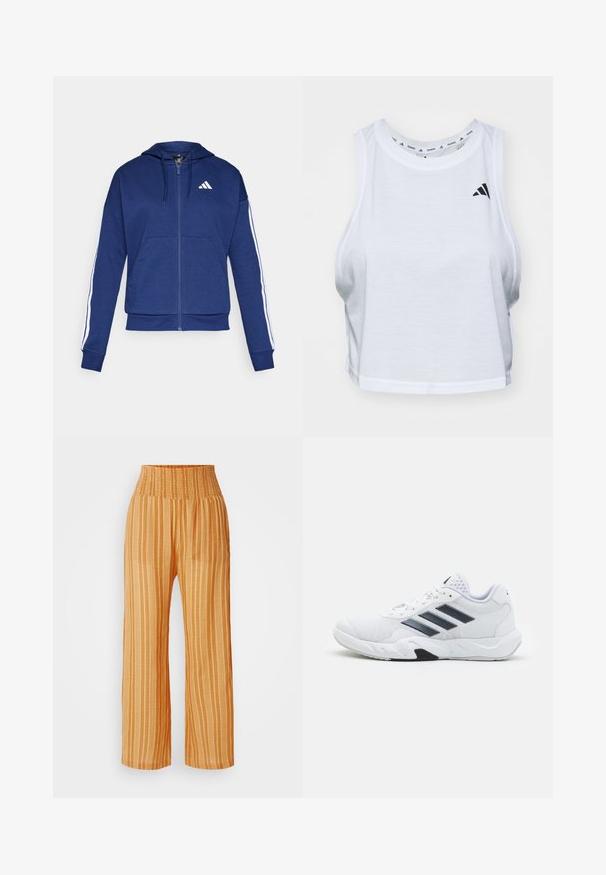 Felpa con zip blu navy realizzata in tessuto morbido, dotata di tasca frontale, strisce bianche lungo le maniche e logo sul petto.; Top corto bianco realizzato in tessuto leggero con scollatura rotonda. Presenta un logo nero sul lato sinistro e una texture liscia.; Pantaloni a gamba larga di un vivace colore arancione con strisce bianche verticali. Presentano una vita smock e un tessuto leggero e strutturato.; Scarpa sportiva bianca con tomaia in mesh, tre strisce nere sui lati, dettagli testurizzati e una suola in gomma robusta con una sezione nera a contrasto.