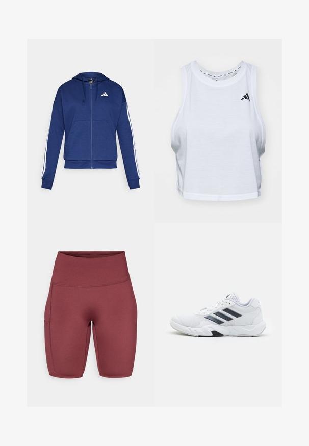 Marine blauwe rits hoodie gemaakt van zachte stof, met een voorzak, witte strepen langs de mouwen en een logo op de borst.; Witte cropped tanktop van lichte stof met een ronde hals. Heeft een zwart logo aan de linkerkant en een gladde textuur.; Bordeaux hoge taille shorts van een gladde, rekbare stof. Beschikt over een zijzak en een aansluitend ontwerp, geschikt voor sportkleding.; Witte sportieve schoen met een bovenwerk van mesh, drie zwarte strepen aan de zijkant, gestructureerde accenten en een stevige rubberen zool met een contrasterend zwart gedeelte.