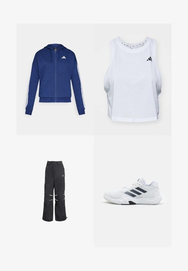Námornícka zipová mikina vyrobená z mäkkej látky, s prednou vreckom, bielymi pruhmi pozdĺž rukávov a logom na hrudi.; Biely skrátený top bez rukávov vyrobený z ľahkej látky s okrúhlym výstrihom. Obsahuje čierne logo na ľavej strane a má hladkú textúru.; Čierne nohavice s širokými nohavicami a reflektujúcimi detailmi na kolenách, vysoký pás s pútkami na opasok a kruhový logo na pravej hornej stehne.; Biele športové topánky s ventilovaným vrchom, tromi čiernymi pruhmi po stranách, textúrovanými akcentmi a pevným gumovým podošvom s kontrastnou čiernou časťou.