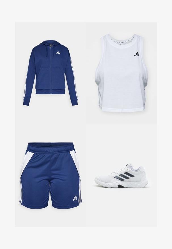 Mornarica zip-up kapuca, izdelana iz mehkega blaga, z obsežnim žepom na sprednji strani, belimi črtami ob rokavih in logotipom na prsih.; Bela kratka majica brez rokavov, izdelana iz lahkega materiala, z okroglim izrezom. Značilna je črna oznaka na levi strani in gladka tekstura.; Mornarsko modri športni šortsi z belimi stranskimi paneli, izdelani iz gladkega blaga, z elastičnim pasom in logotipom Adidas na robu.; Bela atletska čevlja z mrežastim zgornjim delom, tremi črnimi črtami na strani, teksturiranimi dodatki in trdim gumijastim podplatom z kontrastnim črnim delom.