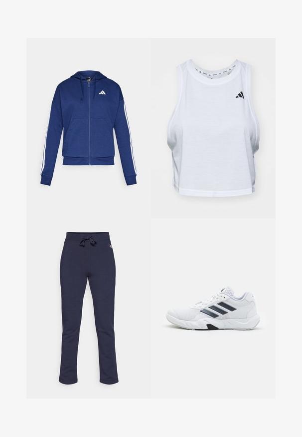 Marineblå zip-hoodie lavet af blødt stof, med en frontlomme, hvide striber langs ærmerne og et logo på brystet.; Hvid cropped tank top lavet af letvægtsstof med en rund hals. Har et sort logo på venstre side og en glat tekstur.; Mørkeblå sweatpants lavet af blød stof, med justerbar snor i taljen, lige ben og et lille logo på siden.; Hvid atletisk sko med mesh-overdel, tre sorte striber på siden, strukturerede accenter og en robust gummisål med et kontrasterende sort område.