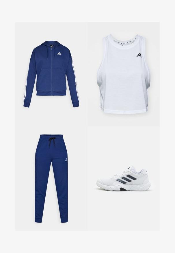 Sudadera con cremallera en color azul marino, hecha de tela suave, con un bolsillo frontal, rayas blancas a lo largo de las mangas y un logo en el pecho.; Top corto blanco hecho de una tela ligera con cuello redondo. Presenta un logo negro en el lado izquierdo y una textura suave.; Pantalones de chándal de algodón azul con una cintura elástica, cordón negro ajustable y un pequeño logo blanco en el muslo izquierdo. Diseño ajustado.; Zapatilla deportiva blanca con parte superior de malla, tres franjas negras a los lados, acentos texturizados y una suela de goma resistente con una sección negra en contraste.