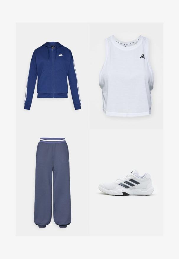 Navy zip-up hoodie made of soft fabric, featuring a front pocket, white stripes along sleeves, and a logo on the chest.; White cropped tank top made of lightweight fabric with a round neck. Features a black logo on the left side and smooth texture.; Navy blue sweatpants with elastic waistband featuring white stripes. Loose fit with tapered cuffs at the ankles and textured fabric.; White athletic shoe with mesh upper, three black stripes on the side, textured accents, and a sturdy rubber sole with a contrasting black section.