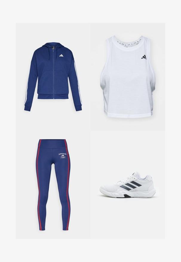 Mornarska zip-up dukserica od mekanog materijala, s prednjim dzepom, bijelim prugama duž rukava i logotipom na prsima.; Bjela skraćena majica bez rukava izrađena od laganog materijala s okruglim izrezom. Sadrži crni logo s lijeve strane i glatku teksturu.; Morske tajice izrađene od rastezljivog materijala, s crvenim bočnim trakama i Adidas logom, s visokim strukom za udobnost.; Bijela atletska cipela s mrežastim gornjim dijelom, tri crne pruge sa strane, strukturirani detalji i čvrst gumeni potplat s kontrastnim crnim dijelom.