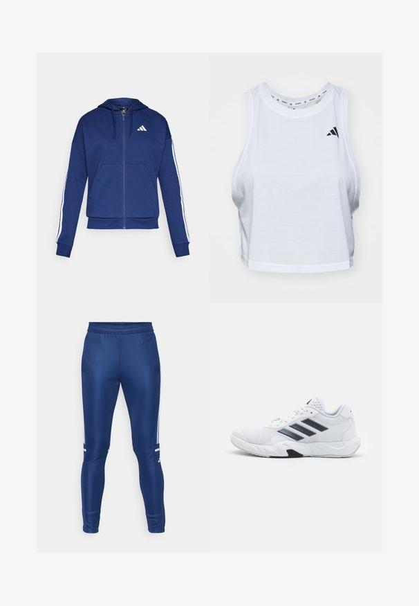 Marineblå hettejakke med glidelås laget av myk stoff, med en frontlomme, hvite striper langs ermene og en logo på brystet.; Hvit, kort tanktopp laget av lett stoff med rund hals. Har en svart logo på venstre side og en glatt tekstur.; Marineblå idrettsbukser med en tapered fit, laget av et glatt stoff, med hvite side-striper og elastisk midjebånd.; Hvit sportsko med mesh-overdel, tre svarte striper på siden, teksturerte detaljer og en solid gummisåle med en kontrasterende svart seksjon.
