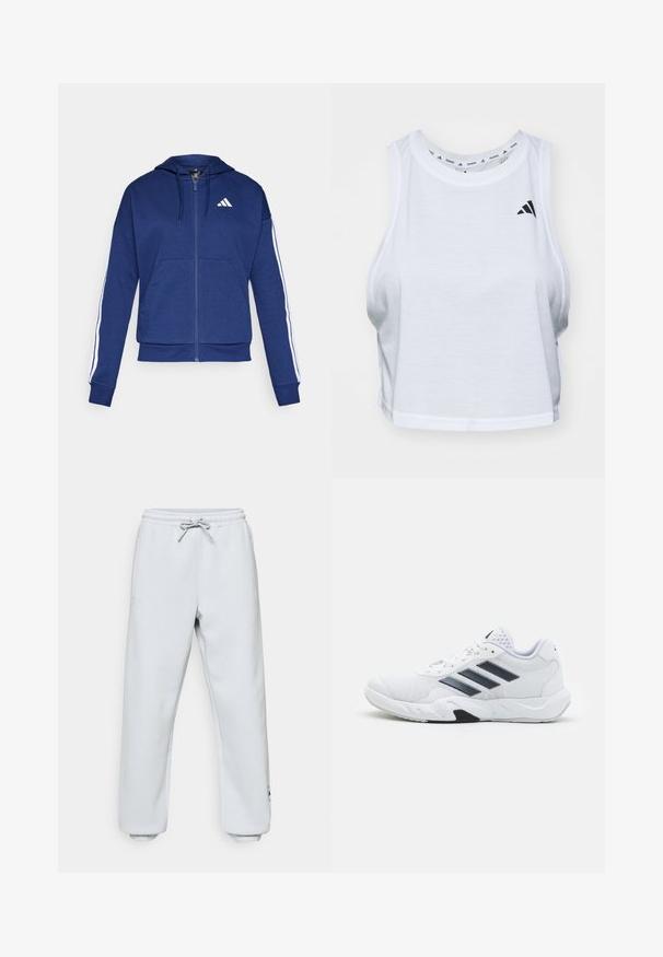 Navy zip-up hoodie made of soft fabric, featuring a front pocket, white stripes along sleeves, and a logo on the chest.; White cropped tank top made of lightweight fabric with a round neck. Features a black logo on the left side and smooth texture.; Light gray sweatpants in a soft material. Features an elastic waistband with drawstring, side pockets, and ribbed cuffs at the ankles.; White athletic shoe with mesh upper, three black stripes on the side, textured accents, and a sturdy rubber sole with a contrasting black section.