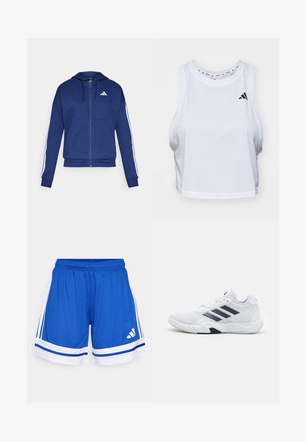 Marineblå hettejakke med glidelås laget av myk stoff, med en frontlomme, hvite striper langs ermene og en logo på brystet.; Hvit, kort tanktopp laget av lett stoff med rund hals. Har en svart logo på venstre side og en glatt tekstur.; Blå idrettsshorts med elastisk midje, hvite detaljer og to hvite striper på siden. Laget av glatt, lett stoff.; Hvit sportsko med mesh-overdel, tre svarte striper på siden, teksturerte detaljer og en solid gummisåle med en kontrasterende svart seksjon.