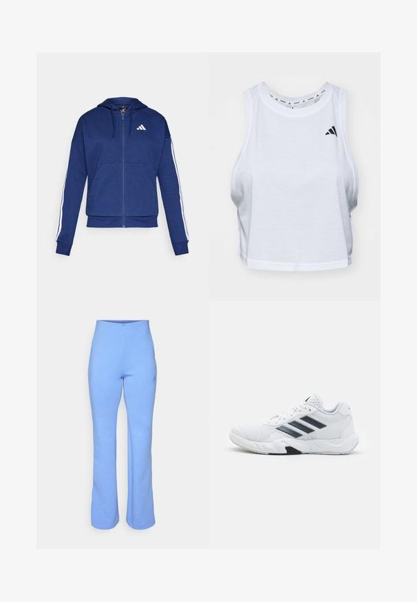Marineblå hettejakke med glidelås laget av myk stoff, med en frontlomme, hvite striper langs ermene og en logo på brystet.; Hvit, kort tanktopp laget av lett stoff med rund hals. Har en svart logo på venstre side og en glatt tekstur.; Lys blå bomullsblanding med vide bukser med høy midje og en liten tonet logo på venstre lår. Myk tekstur og uformell design.; Hvit sportsko med mesh-overdel, tre svarte striper på siden, teksturerte detaljer og en solid gummisåle med en kontrasterende svart seksjon.