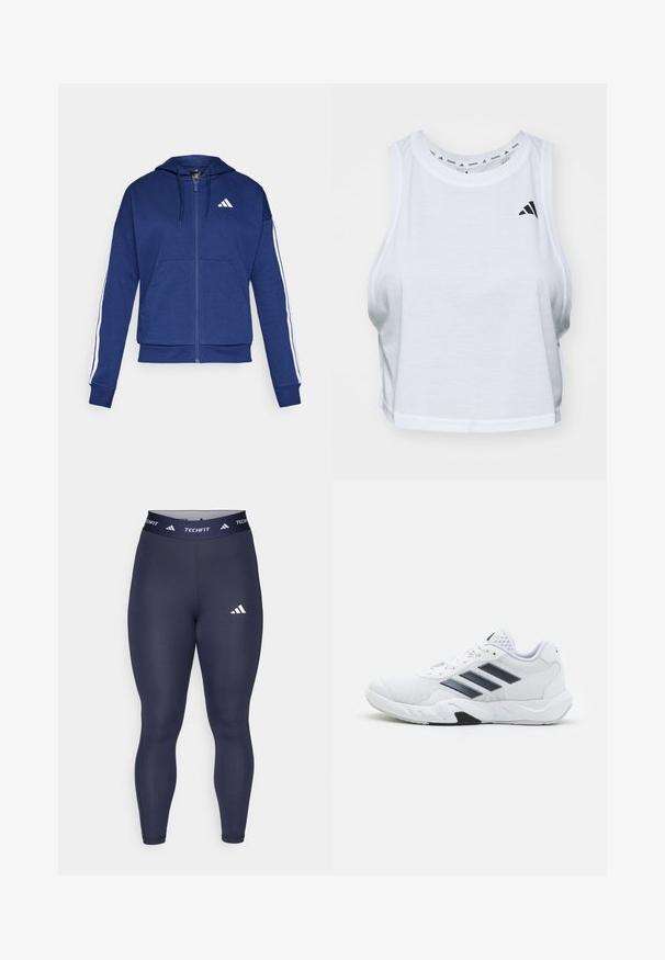 Navy zip-up hoodie made of soft fabric, featuring a front pocket, white stripes along sleeves, and a logo on the chest.; White cropped tank top made of lightweight fabric with a round neck. Features a black logo on the left side and smooth texture.; Navy blue leggings made of stretchy fabric with a high waistband. Features "TECHFIT" branding and a white Adidas logo on the thigh.; White athletic shoe with mesh upper, three black stripes on the side, textured accents, and a sturdy rubber sole with a contrasting black section.