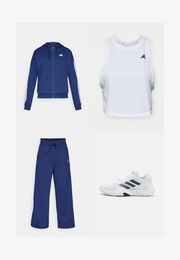 Sweatshirt navy com fecho, feito de tecido macio, com um bolso frontal, riscas brancas nas mangas e um logo no peito.; Top cropped branco feito de tecido leve com decote redondo. Apresenta um logotipo preto no lado esquerdo e textura suave.; Calças de moletom azul marinho com cordão na cintura e riscas brancas laterais. Feitas de tecido suave com um ajuste descontraído; apresenta o logótipo da Adidas.; Tênis atlético branco com parte superior em malha, três listras pretas de cada lado, detalhes texturizados e uma sola de borracha resistente com uma seção preta contrastante.
