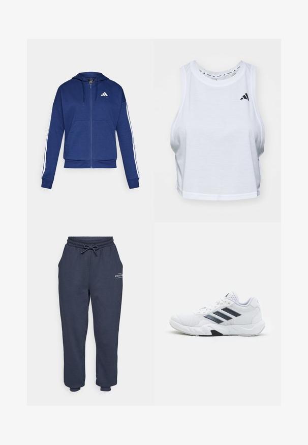 Námornícka zipová mikina vyrobená z mäkkej látky, s prednou vreckom, bielymi pruhmi pozdĺž rukávov a logom na hrudi.; Biely skrátený top bez rukávov vyrobený z ľahkej látky s okrúhlym výstrihom. Obsahuje čierne logo na ľavej strane a má hladkú textúru.; Námornícke modré tepláky s elastickým pásom a nastaviteľnou šnúrkou. Majú bočné vrecká a minimalisticky potlačené logo vpredu.; Biele športové topánky s ventilovaným vrchom, tromi čiernymi pruhmi po stranách, textúrovanými akcentmi a pevným gumovým podošvom s kontrastnou čiernou časťou.
