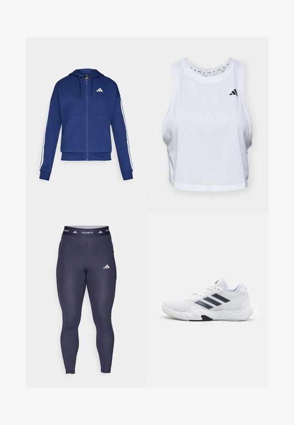 Hoodie zippé marine en tissu doux, avec une poche avant, des bandes blanches le long des manches et un logo sur la poitrine.; Brassière blanche courte en tissu léger avec un col rond. Dotée d'un logo noir sur le côté gauche et d'une texture lisse.; Leggings ajustés marine en tissu extensible, avec un logo et un emblème "TECHFIT" blanc contrastant sur la ceinture.; Baskets blanches avec une tige en maille, trois rayures noires sur le côté, des accents texturés et une semelle en caoutchouc robuste avec une section noire contrastante.