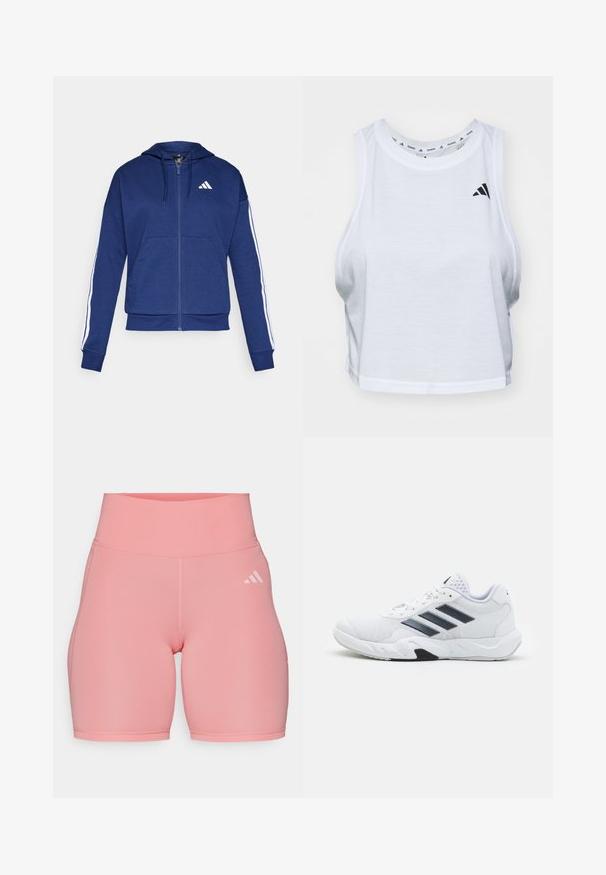Navy zip-up hoodie made of soft fabric, featuring a front pocket, white stripes along sleeves, and a logo on the chest.; White cropped tank top made of lightweight fabric with a round neck. Features a black logo on the left side and smooth texture.; adidas Performance Leggings - semi pink spark; White athletic shoe with mesh upper, three black stripes on the side, textured accents, and a sturdy rubber sole with a contrasting black section.