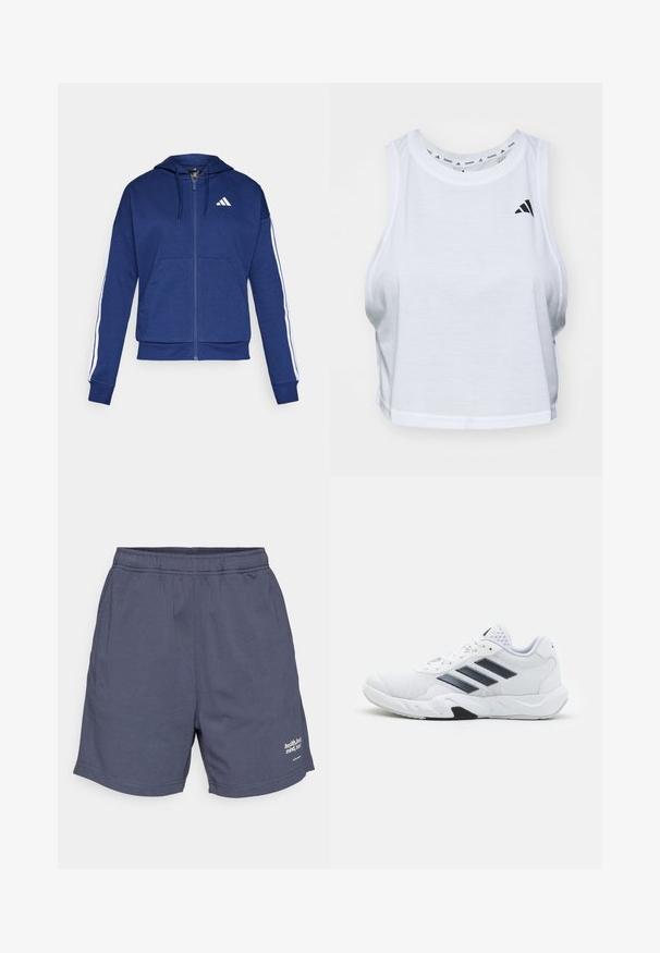 Sudadera con cremallera en color azul marino, hecha de tela suave, con un bolsillo frontal, rayas blancas a lo largo de las mangas y un logo en el pecho.; Top corto blanco hecho de una tela ligera con cuello redondo. Presenta un logo negro en el lado izquierdo y una textura suave.; Pantalones cortos deportivos azul marino con cinturilla elástica, bolsillos laterales y un pequeño logo blanco en el dobladillo inferior. Tejido suave y ligero.; Zapatilla deportiva blanca con parte superior de malla, tres franjas negras a los lados, acentos texturizados y una suela de goma resistente con una sección negra en contraste.