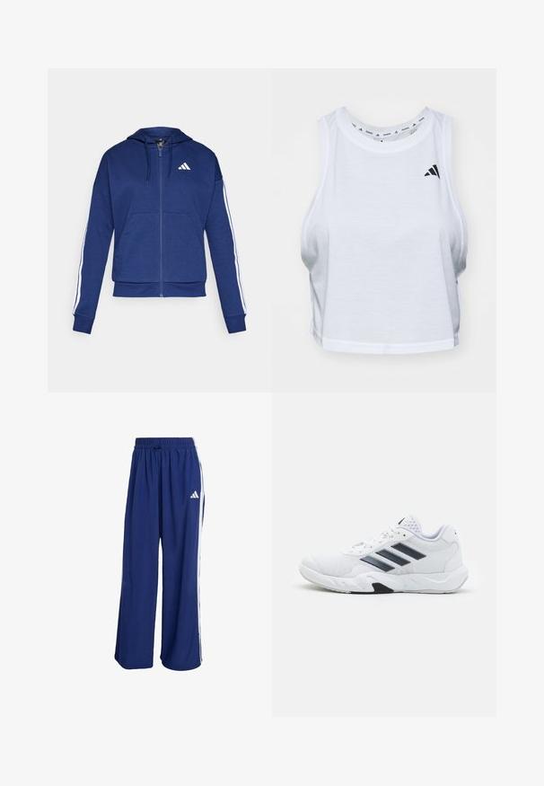Navy zip-up hoodie made of soft fabric, featuring a front pocket, white stripes along sleeves, and a logo on the chest.; White cropped tank top made of lightweight fabric with a round neck. Features a black logo on the left side and smooth texture.; Navy blue athletic pants with a wide leg, elastic waistband, and white side stripes. Features an Adidas logo on the upper left side.; White athletic shoe with mesh upper, three black stripes on the side, textured accents, and a sturdy rubber sole with a contrasting black section.
