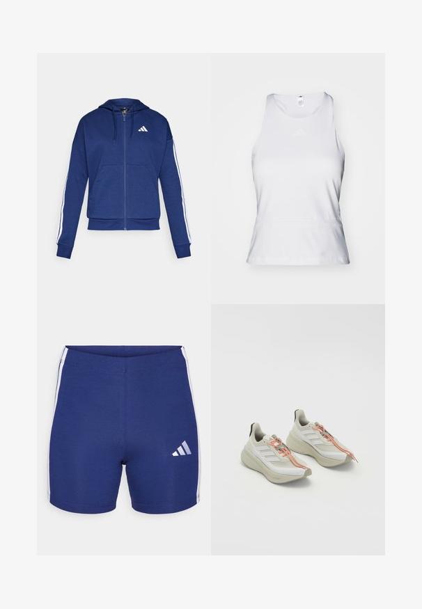 Tamsiai mėlynas užtrauktukas džemperis, pagamintas iš minkštos medžiagos, su priekinėmis kišenėmis, baltomis juostelėmis ant rankovių ir logotipu ant krūtinės.; Balta be rankovių sportinė marškinėlių viršutinė dalis su apvaliu iškirpimu, lygiu paviršiumi ir subtiliu toniniu logotipu krūtinėje. Tiesus hemline ties juosmeniu.; Tamsiai mėlyni sportiniai šortai pagaminti iš tamprių audinių, su baltais šonų dryžiais ir atspindinčiu Adidas logotipu kairiajame šone.; Šviesios spalvos sportiniai batai su tekstūruotu baltu audiniu, oranžinėmis raišteliais ir storu, paminkštintu padu. Šone yra trijų juostų dizainas.