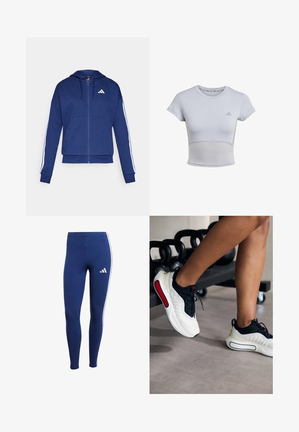 Sudadera con cremallera en color azul marino, hecha de tela suave, con un bolsillo frontal, rayas blancas a lo largo de las mangas y un logo en el pecho.; adidas Performance Camiseta deportiva - halo silver grey; Leggings de color azul marino con franjas laterales blancas y un logo de la marca en la parte inferior de la pierna. Fabricadas con material elástico para mayor comodidad y libertad de movimiento.; Zapatillas deportivas blancas y negras con un upper texturizado, punta redonda, cordones negros y un acento rojo en el costado, situadas cerca de kettlebells.