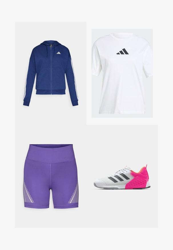 Tamsiai mėlynas užtrauktukas džemperis, pagamintas iš minkštos medžiagos, su priekinėmis kišenėmis, baltomis juostelėmis ant rankovių ir logotipu ant krūtinės.; Balta medvilninė marškinėliai su juodu Adidas logotipu trikampio forma ant krūtinės, trumpomis rankovėmis ir laisvu kirpimu.; Purpurinės sportinės šortai iš tamprios medžiagos su aukštu liemeniu ir įstrižainės baltos linijos raštu kairėje pusėje.; Balti sportiniai bateliai su pilkomis juostelėmis, tinklinio viršumi ir rožinėmis kulno bei akcentų detalėmis. Yra tekstūruotas kulnas ir guminis padas. Raišteliai ir paminkštinta apykaklė.