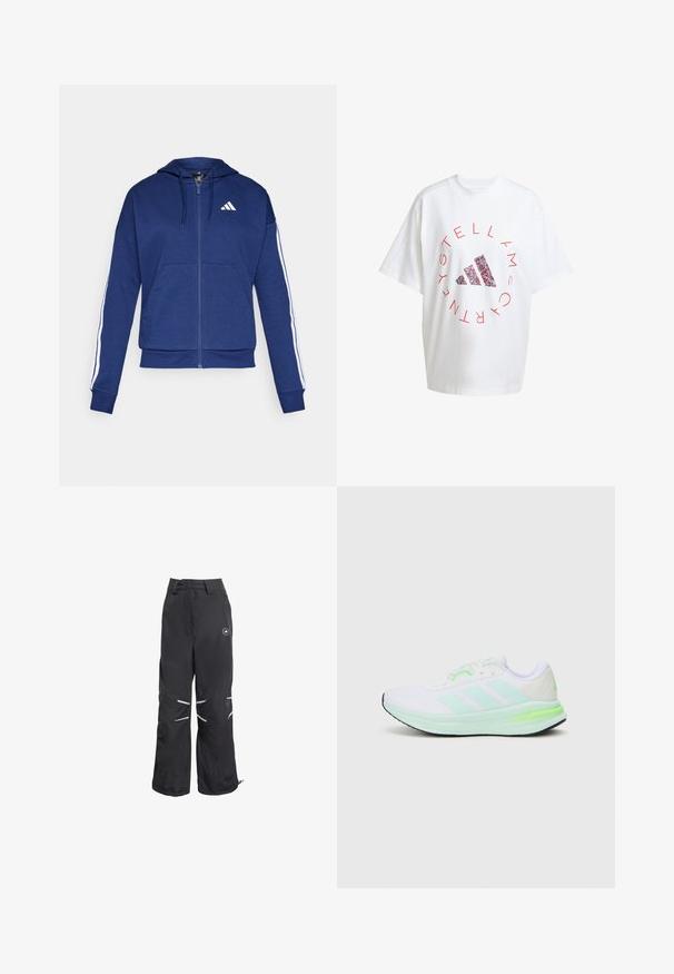Felpa con zip blu navy realizzata in tessuto morbido, dotata di tasca frontale, strisce bianche lungo le maniche e logo sul petto.; Maglietta bianca in cotone oversize con testo circolare rosso e logo multicolore Adidas al centro. Maniche corte e scollatura rotonda.; Pantaloni neri a gamba larga con dettagli riflettenti sulle ginocchia, vita alta con passanti per cintura e un logo circolare sulla parte superiore della coscia destra.; Scarpa sportiva bianca con tomaia in rete, dettagli verde lime e suola nera. Presenta un design con tre strisce laterali e colletto imbottito.
