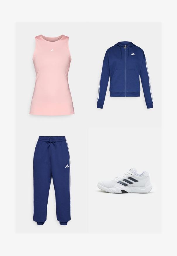 Marinblå ziphoodie i mjukt tyg, med en framficka, vita ränder längs ärmarna och en logotyp på bröstet.; adidas Performance RACERBACK - Linne - semi pink spark; Marina idrottsbyxor gjorda av mjukt tyg, med vita sidostripes, elastisk midja med justerbar dragningssnodd och elastiska muddar.; Vit sportskor med mesh-överdel, tre svarta ränder på sidan, texturerade detaljer och en stadig gummisula med en kontrasterande svart del.