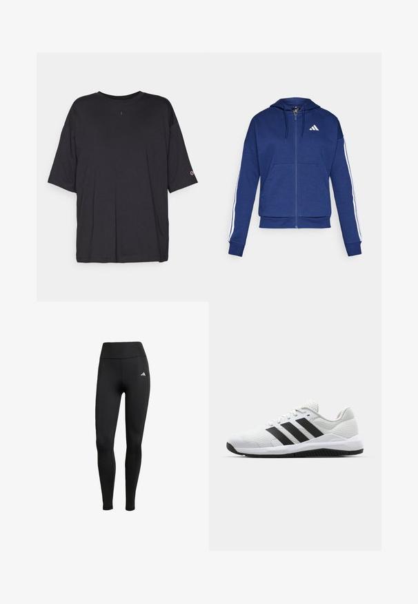 Námornícka zipová mikina vyrobená z mäkkej látky, s prednou vreckom, bielymi pruhmi pozdĺž rukávov a logom na hrudi.; Champion ICONS OVERSIZE CREWNECK - Tričko s potlačou - black; Čierne športové legíny s vysokým pásom. Vyrobené z elastického materiálu, na hornej ľavej strane s bielym logom.; Biele atletické topánky vyrobené z priedušnej siete s čiernymi trojitými pruhmi, textúrovaným opätkom a gumovou podrážkou pre lepšiu priľnavosť.