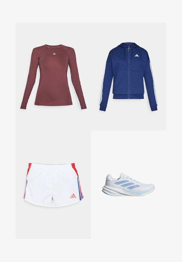 Námornícka zipová mikina vyrobená z mäkkej látky, s prednou vreckom, bielymi pruhmi pozdĺž rukávov a logom na hrudi.; Dlhý rukáv atletického trička vo farbe burgundy, vyrobené z hladkej, elastickej tkaniny. Má okrúhly výstrih a malé biele logo na hrudi.; Biele športové šortky s červenými bočnými panelmi a modrými pruhmi. Elastický pás a logo na dolnej ľavej strane. Hladký textilný povrch.; Biele bežecké topánky s svetlomodrými detailmi, priedušný zvršok z textilu, dizajn s tromi pruhmi, polstrovaná podrážka a textúrovaná vonkajšia podrážka pre lepšiu trakciu.