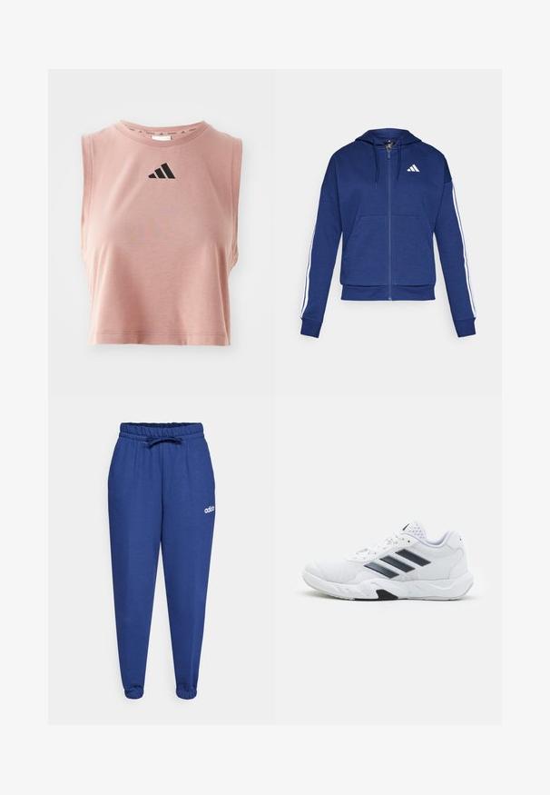 Felpa con zip blu navy realizzata in tessuto morbido, dotata di tasca frontale, strisce bianche lungo le maniche e logo sul petto.; Top corto rosa realizzato in tessuto morbido, con scollatura rotonda e logo Adidas nero sulla parte anteriore. Design senza maniche.; Pantaloni joggers blu in cotone con vita elastica, cordino regolabile e polsini elastici. Presenta un piccolo logo bianco Adidas sul davanti.; Scarpa sportiva bianca con tomaia in mesh, tre strisce nere sui lati, dettagli testurizzati e una suola in gomma robusta con una sezione nera a contrasto.