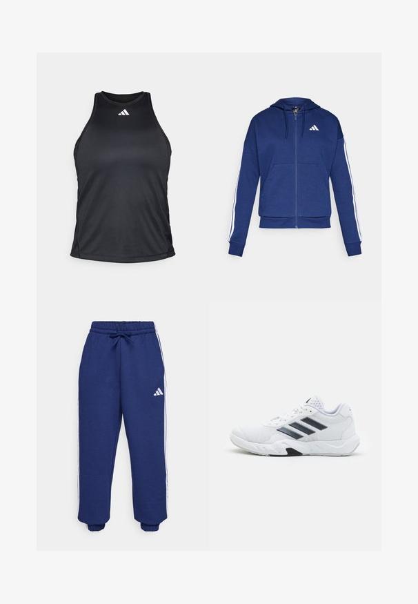 Sudadera con cremallera en color azul marino, hecha de tela suave, con un bolsillo frontal, rayas blancas a lo largo de las mangas y un logo en el pecho.; Top deportivo negro sin mangas hecho de una tela suave y que absorbe la humedad. Presenta un escote alto y un logo blanco en el pecho.; Pantalones deportivos de color marino hechos de tela suave, con franjas laterales blancas, cintura elástica con cordón ajustable y puños elásticos.; Zapatilla deportiva blanca con parte superior de malla, tres franjas negras a los lados, acentos texturizados y una suela de goma resistente con una sección negra en contraste.