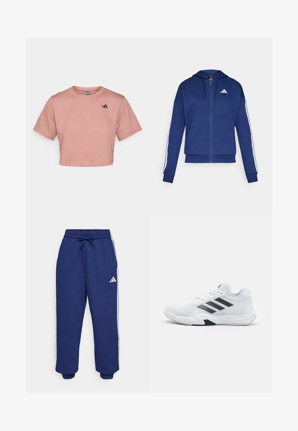 Sudadera con cremallera en color azul marino, hecha de tela suave, con un bolsillo frontal, rayas blancas a lo largo de las mangas y un logo en el pecho.; Camiseta corta de manga corta en suave algodón rosa claro con cuello redondo y acento de logo negro en el lado izquierdo del pecho. Textura suave, diseño sencillo.; Pantalones deportivos de color marino hechos de tela suave, con franjas laterales blancas, cintura elástica con cordón ajustable y puños elásticos.; Zapatilla deportiva blanca con parte superior de malla, tres franjas negras a los lados, acentos texturizados y una suela de goma resistente con una sección negra en contraste.