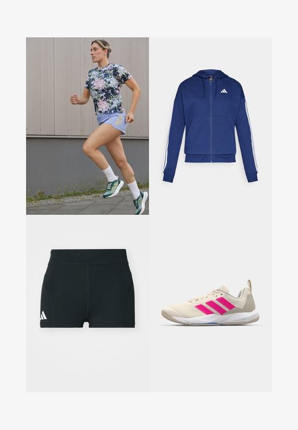 Sötétkék zip-záras kapucnis pulóver, kellemes tapintású anyagból, elülső zsebbel, fehér csíkkal a ujjak mentén és logóval a mellrészen.; adidas Performance TEE - Sportfelső - aurora ink/sandy pink; Fekete sportnadrág elasztikus anyagból, magas derékkal, testhezálló fazonban, bal oldalon fehér Adidas logóval.; Beige sportcipő rózsaszín háromsávos logóval, texturált hálós felső résszel, párnázott nyakkal és fehér gumitalppal, "LIGHTSTRIKE" márkajelzéssel.