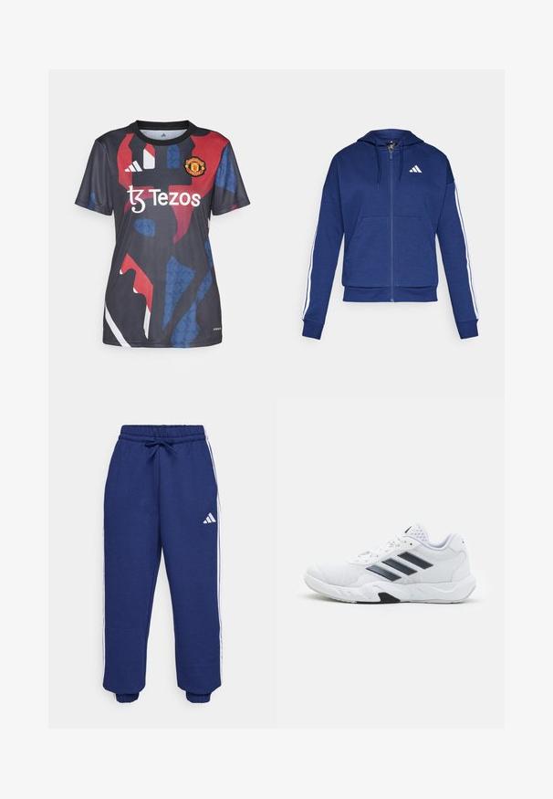 Tumed kapuutsiga jakki pehme kangaga, millel on eesmine tasku, valged triibud varrukatel ja logo rinnal.; Manchester United’i tumedast jersey, millel on punased ja sinised geomeetrilised mustrid, lühikesed varrukad, ümmargune kaelus ja sponsori logo ees.; Tumed sportlikud püksid, mis on valmistatud pehmest kangast, valgete küljeribadega, elastse vöökoha ja reguleeritava nööriga ning elastsete mansettidega.; Valge spordijalats, millel on võrkpealne, kolm musta triipu küljepeal, tekstuuriga aktsendid ning tugev kummist tallaosa, millel on kontrastne must osa.