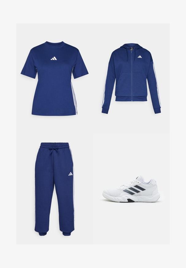 Navy zip-up hoodie made of soft fabric, featuring a front pocket, white stripes along sleeves, and a logo on the chest.; Navy blue short-sleeve t-shirt made of cotton with a high neckline, featuring a white logo and contrasting white side stripes.; Navy athletic pants made of soft fabric, featuring white side stripes, elastic waistband with adjustable drawstring, and elastic cuffs.; White athletic shoe with mesh upper, three black stripes on the side, textured accents, and a sturdy rubber sole with a contrasting black section.